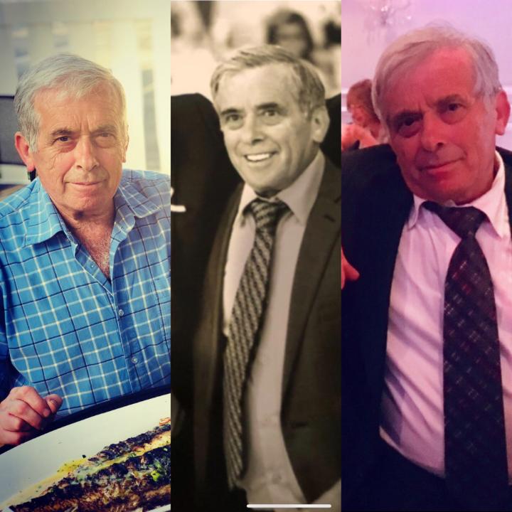 A collage of photos of three older men.