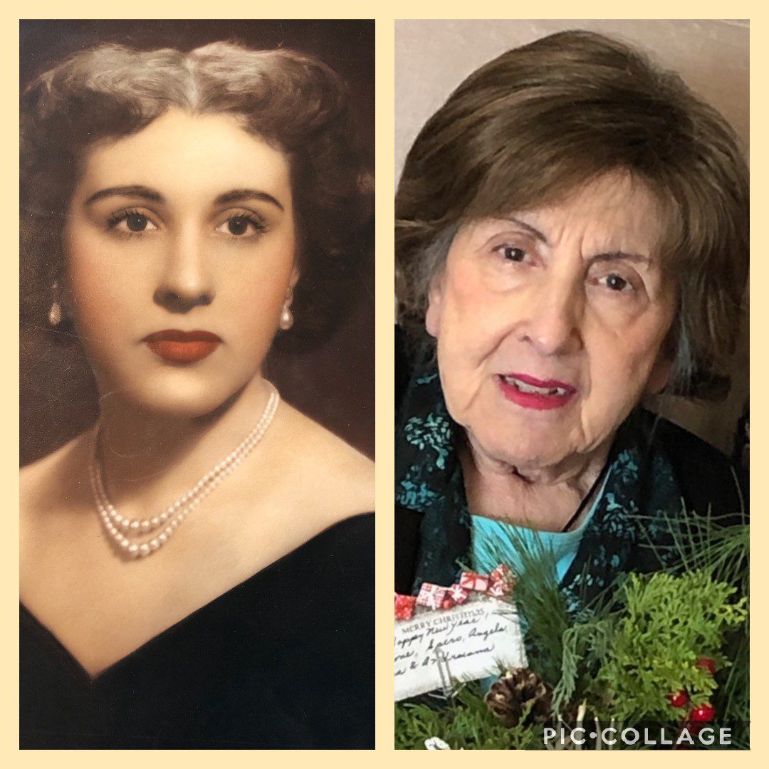 Two pictures of an older woman with pearls and a picture of a christmas tree.
