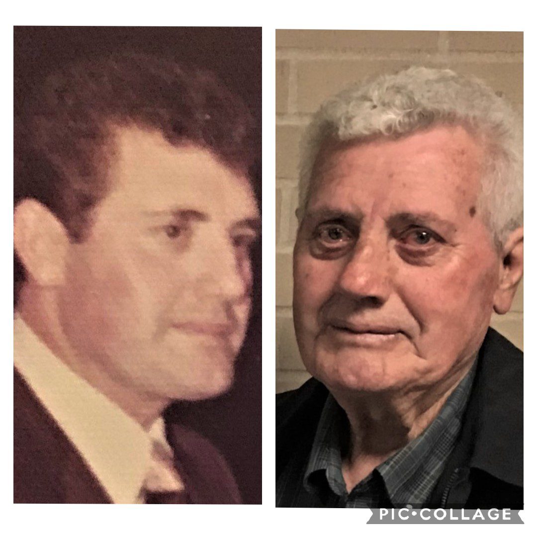 Two photos of an older man and a younger man.