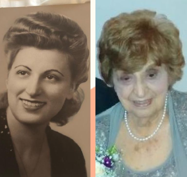 A photo of an old woman and a photo of a young woman.