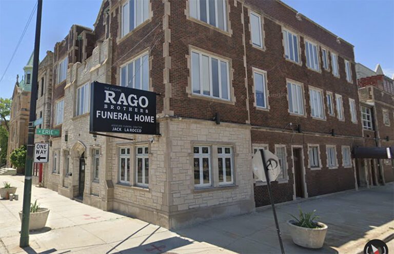 A brick building with a sign that says rago funeral home.