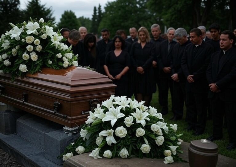 Traditional funeral service with casket and flowers at Memory Eternal Funeral Directors