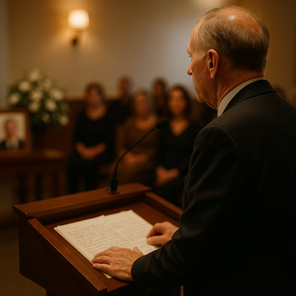 Speaker at a podium with handwritten notes at a memorial service
