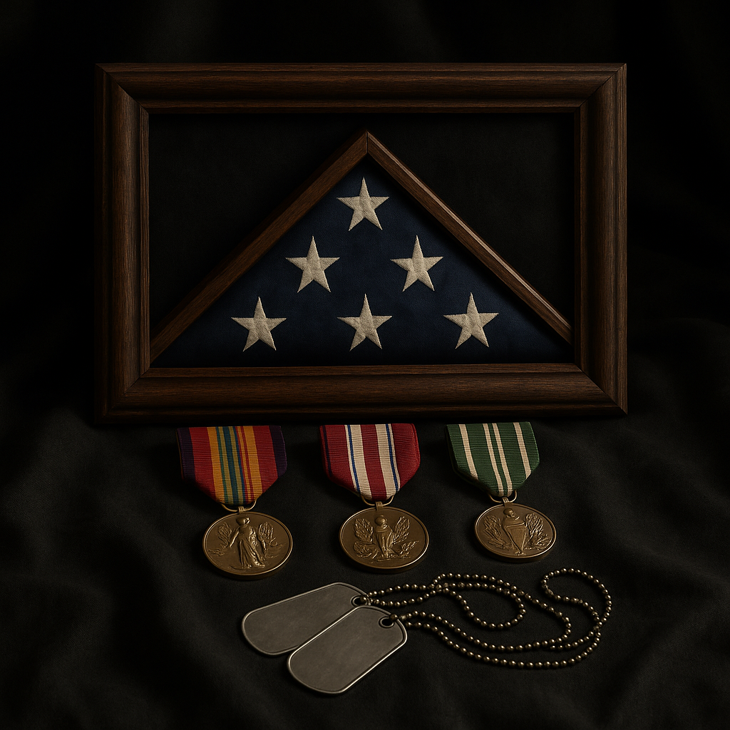 Military medals, dog tags, and framed flag on dark cloth