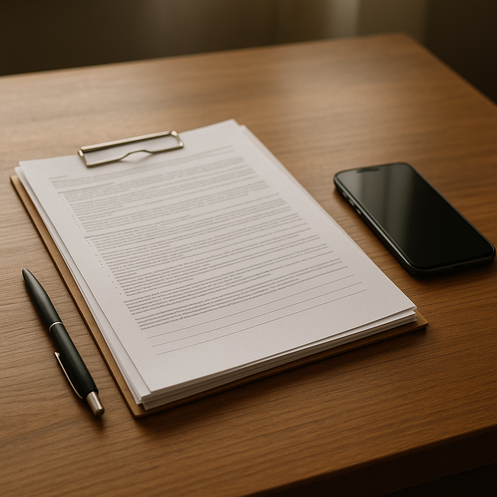 Important paperwork, pen, and phone on a wooden table
