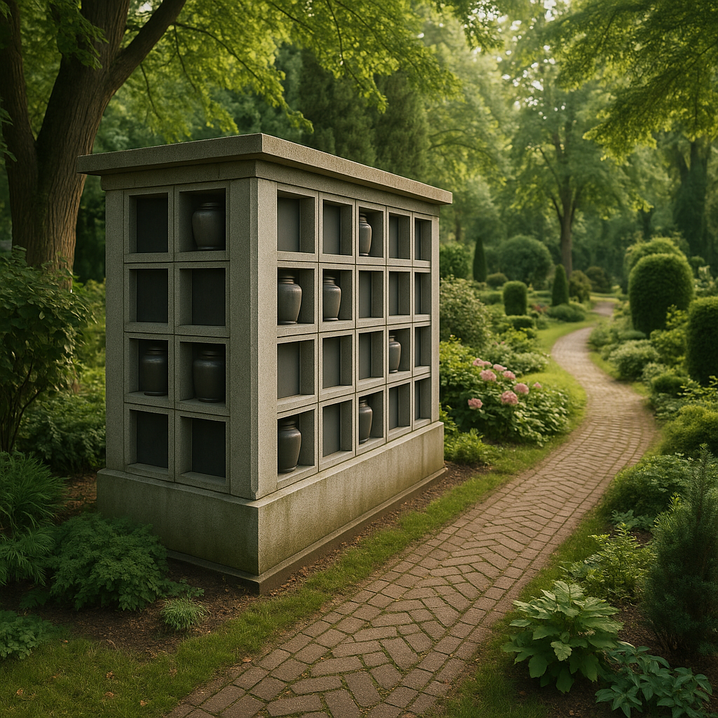 Peaceful garden cemetery columbarium with urns and greenery