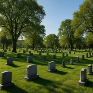 Peaceful suburban Chicagoland cemetery with trees and headstones in rows