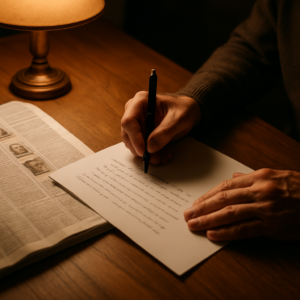 Hands writing an obituary draft with an open newspaper nearby