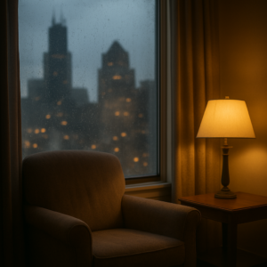 Quiet living room window at dusk in Chicago during grief