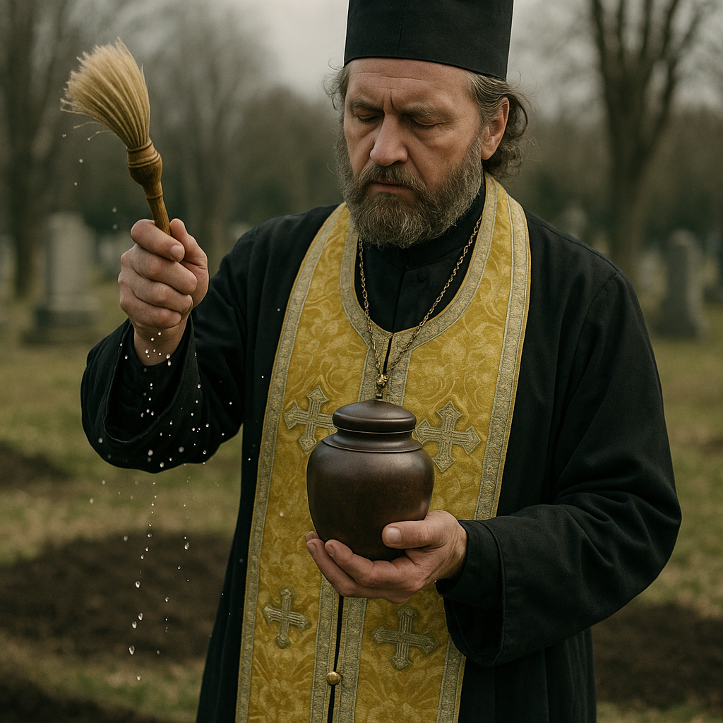 Orthodox priest blessing an urn with holy water at a graveside