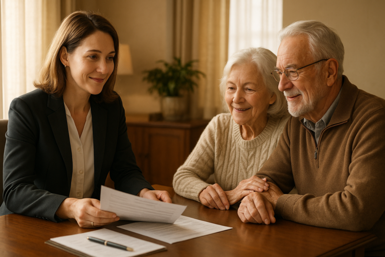 Couple reviewing pre-need funeral insurance with a funeral director during affordable funeral pre-planning in Chicagoland