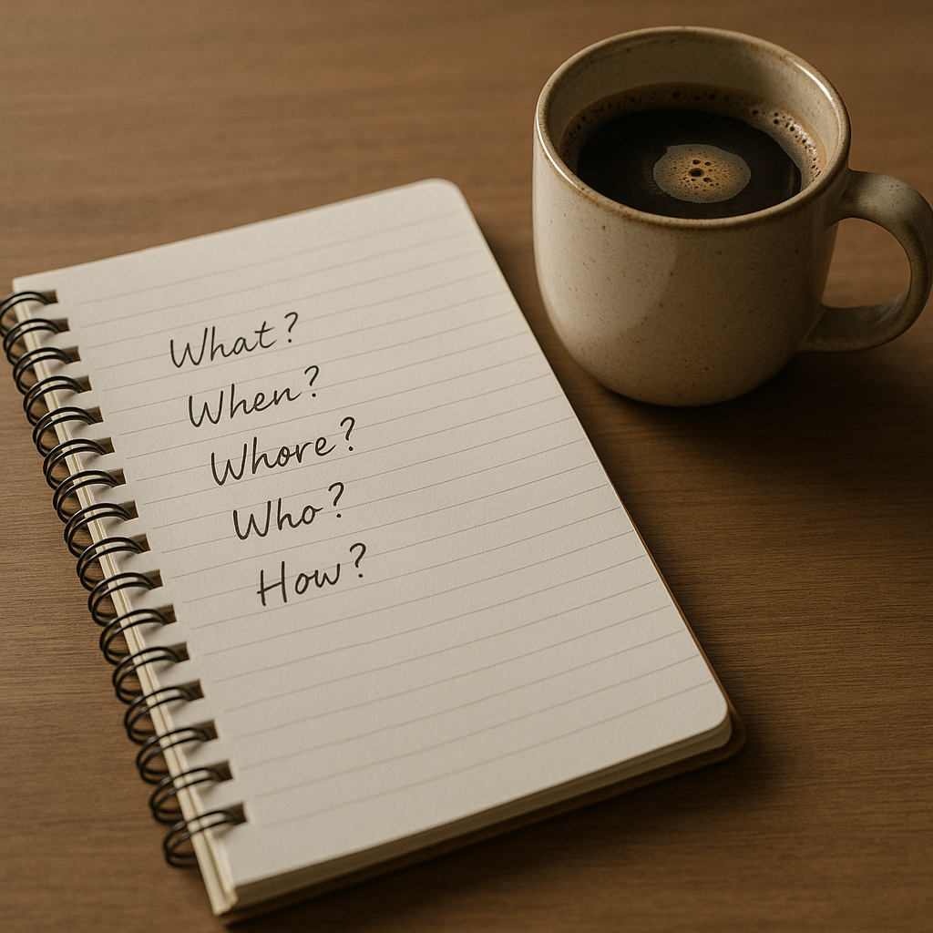 Open notebook with handwritten planning questions and coffee on a desk