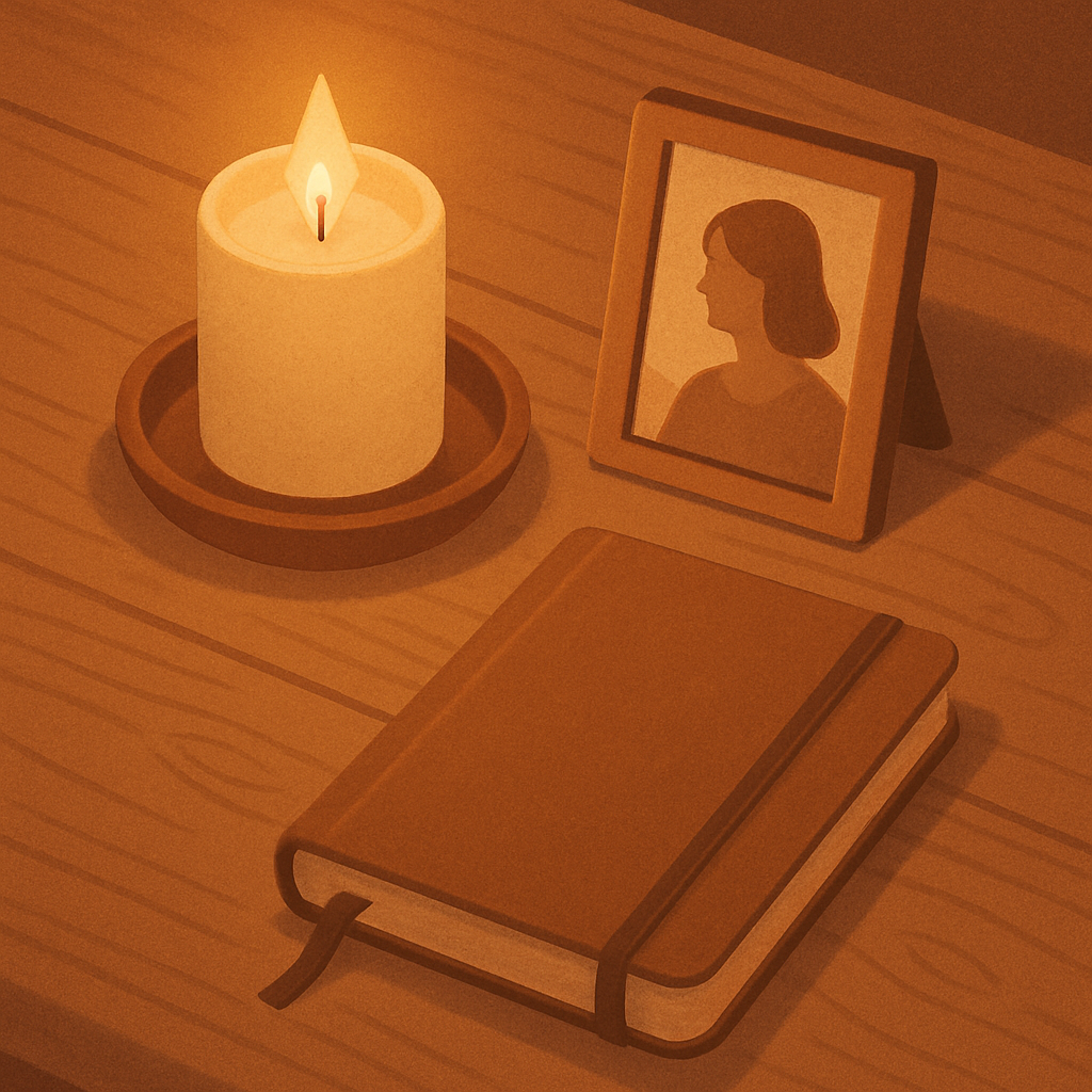 Candle, framed photograph and journal for remembrance
