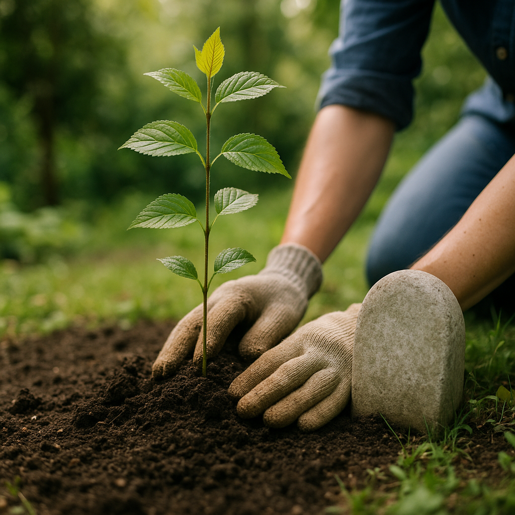 Planting a memorial tree sapling with a small memorial stone