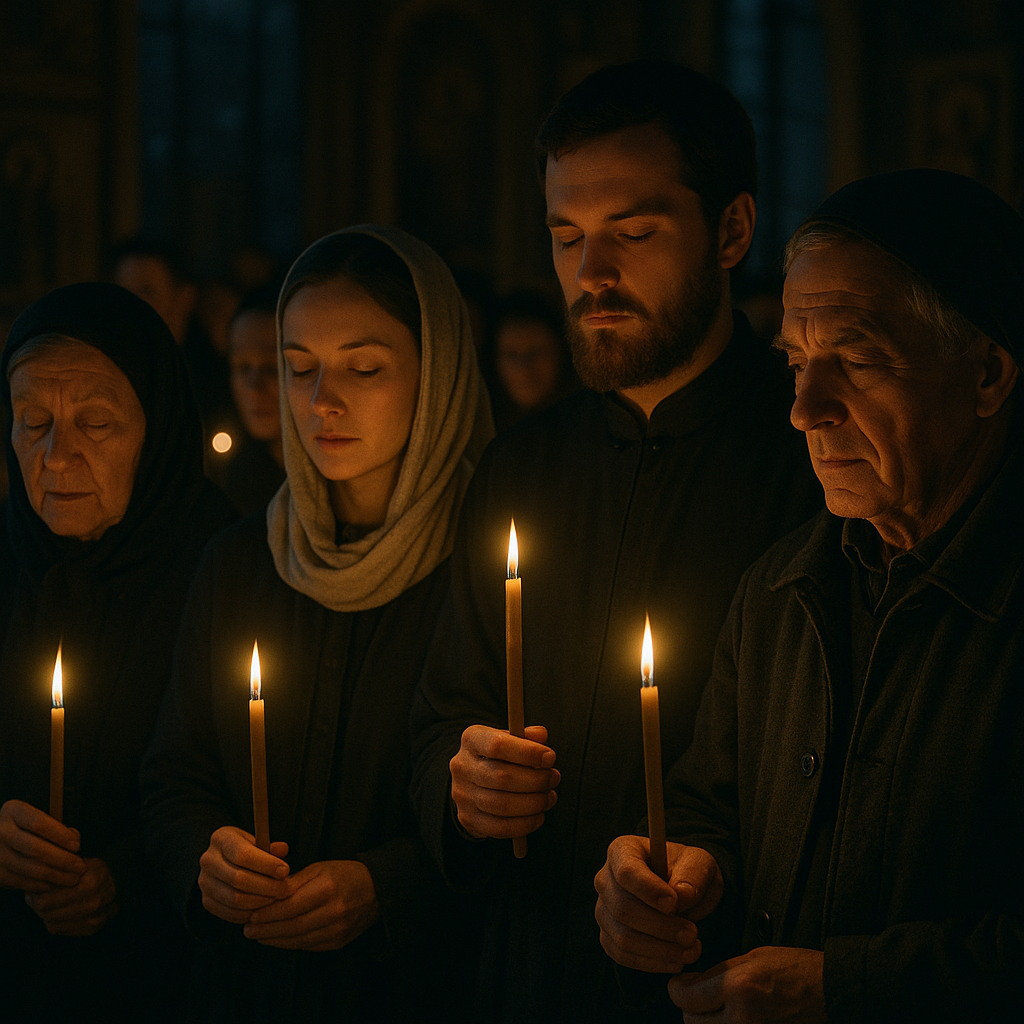 Mourners holding lit candles during an Orthodox evening prayer service