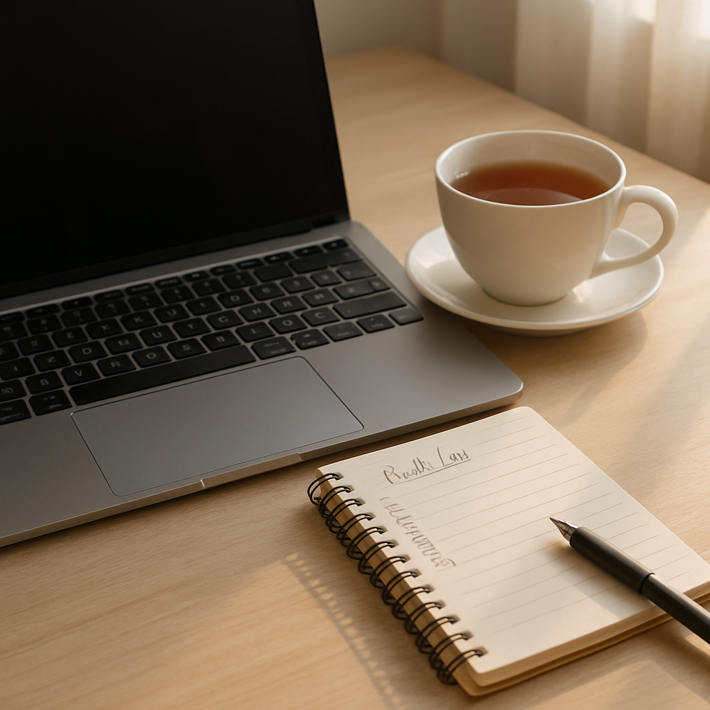 Open laptop, cup of tea, and handwritten to-do list on a desk
