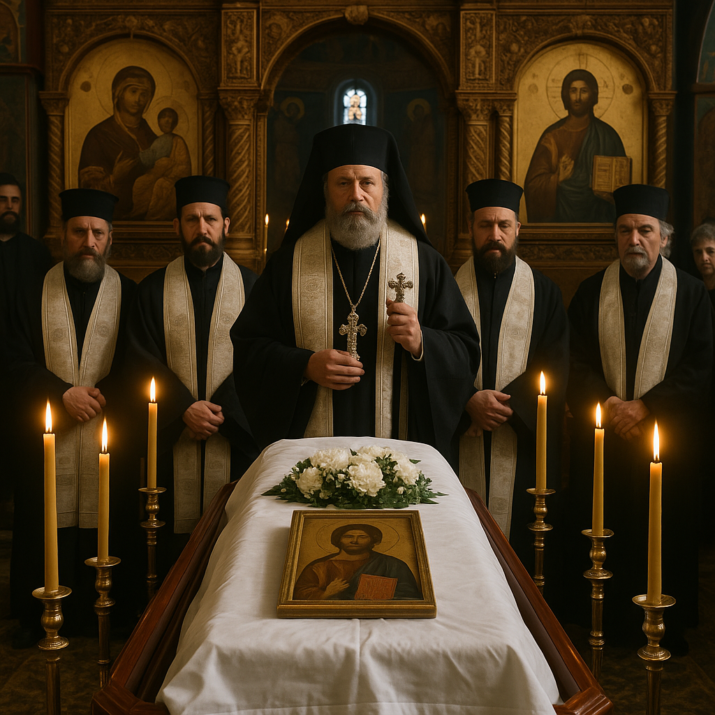 Greek Orthodox funeral service with casket draped in white linen and icon