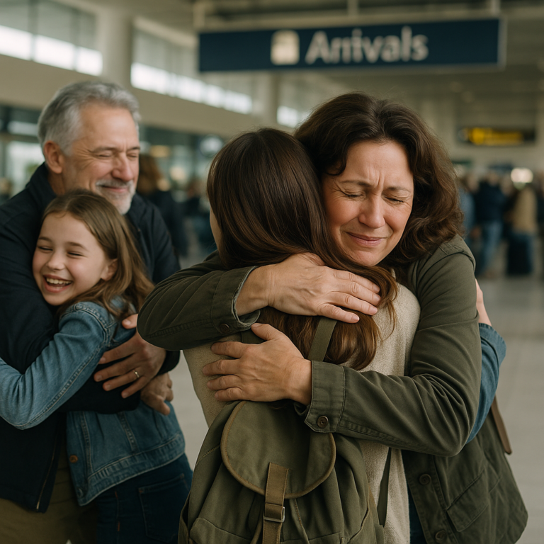 Family greeted with warm embraces at an airport arrivals hall