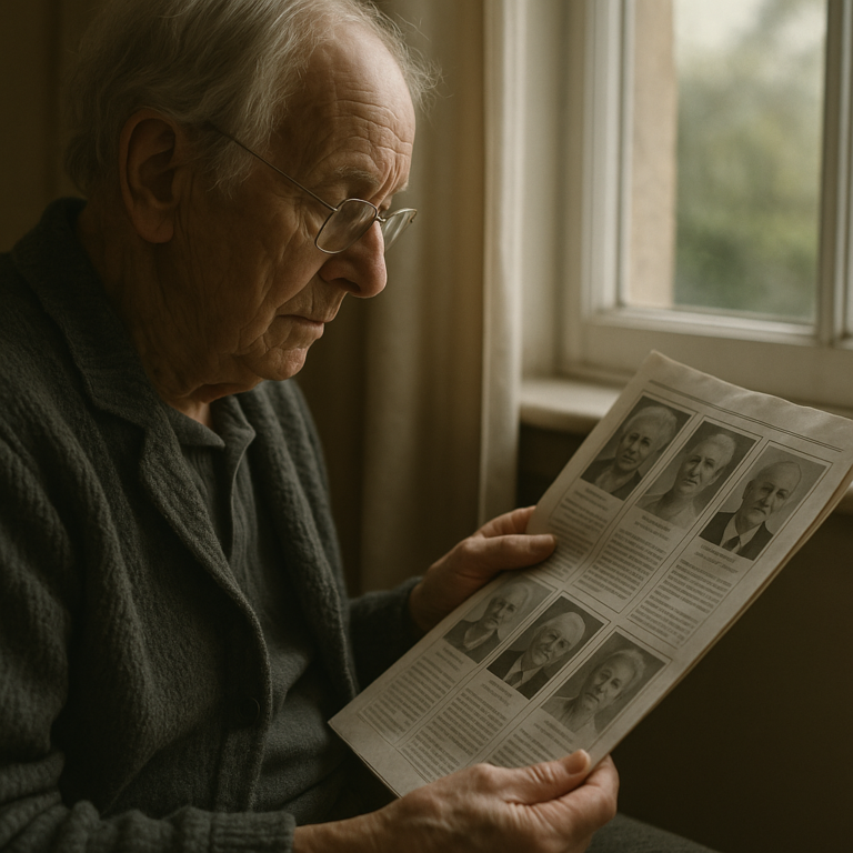 Elderly person reading a newspaper memorial page by a window