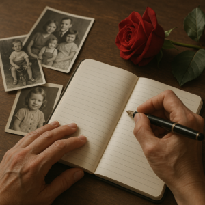 Hands writing a eulogy with a fountain pen beside old photographs