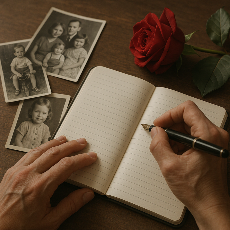 Hands writing a eulogy with a fountain pen beside old photographs