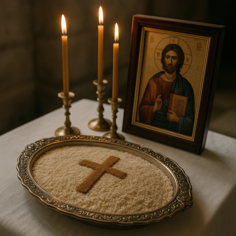 Memorial table with koliva, framed icon, and burning candles