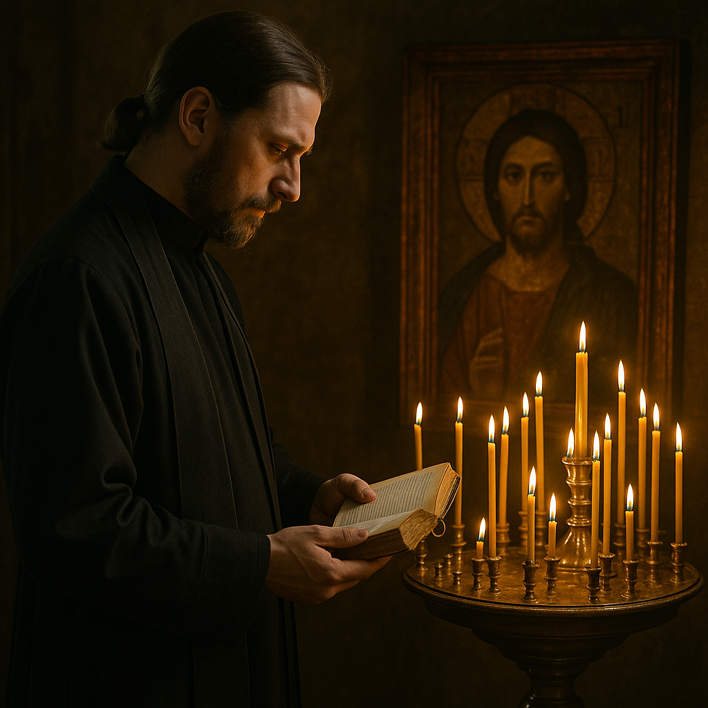 Orthodox priest with prayer book near candle-lit icon stand