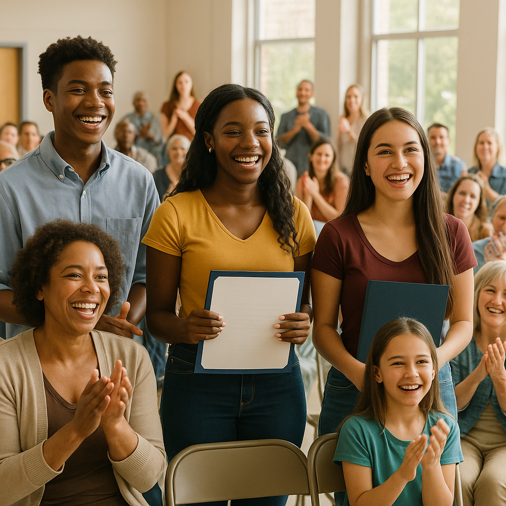 Community gathering applauding young scholarship recipients in a bright hall