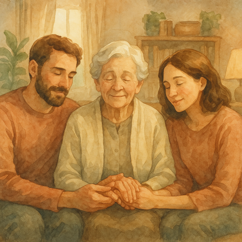 Elder holding hands with adult children in living room