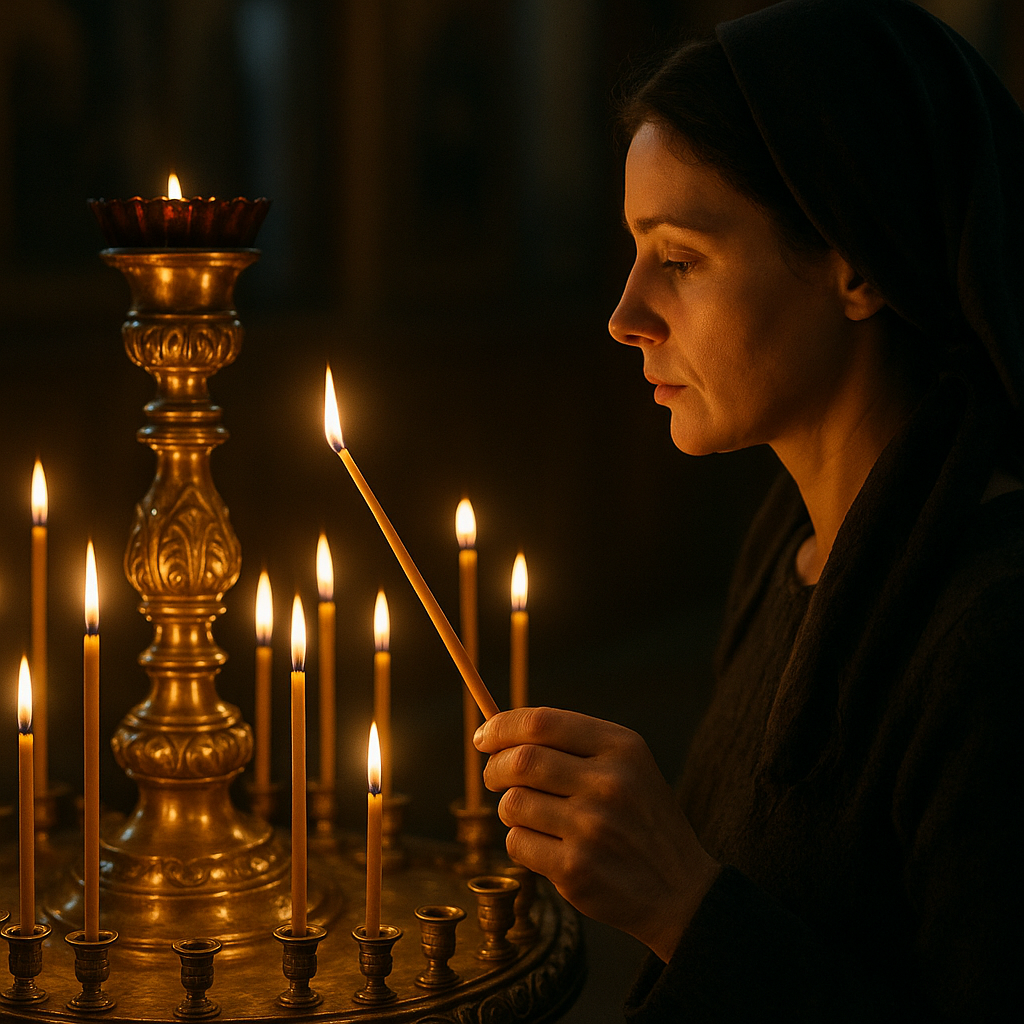 Woman lighting a taper candle at an Orthodox candle stand