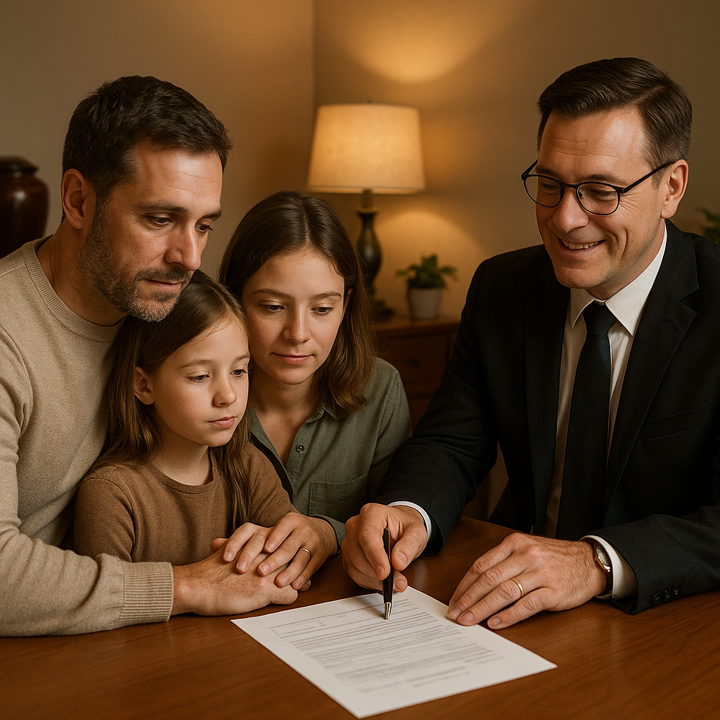 Family reviewing a planning document with a funeral director