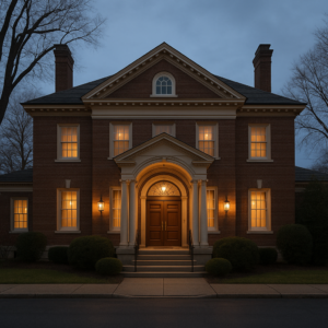 Historic family funeral home exterior with warm lights at evening