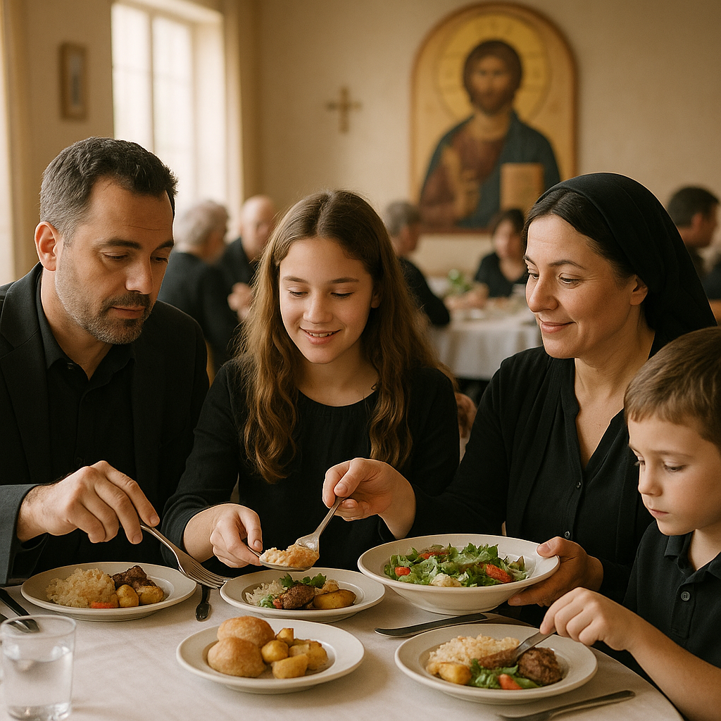 Family sharing a warm memorial luncheon after an Orthodox service