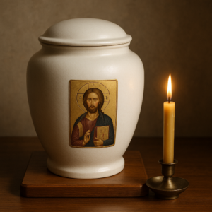 White ceramic funeral urn with an Orthodox icon and lit candle