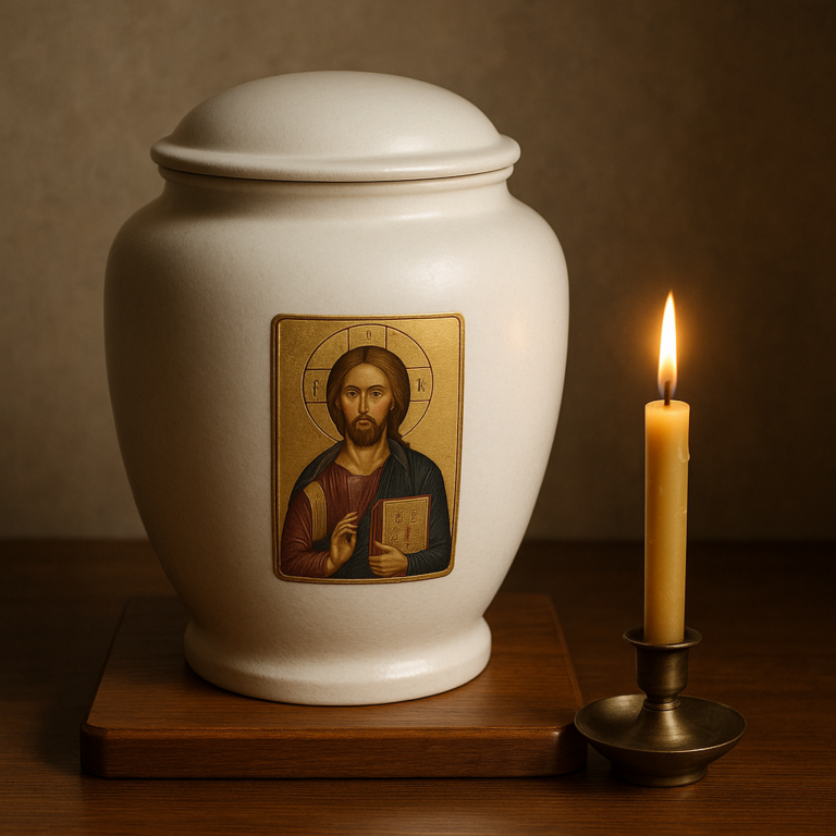 White ceramic funeral urn with an Orthodox icon and lit candle