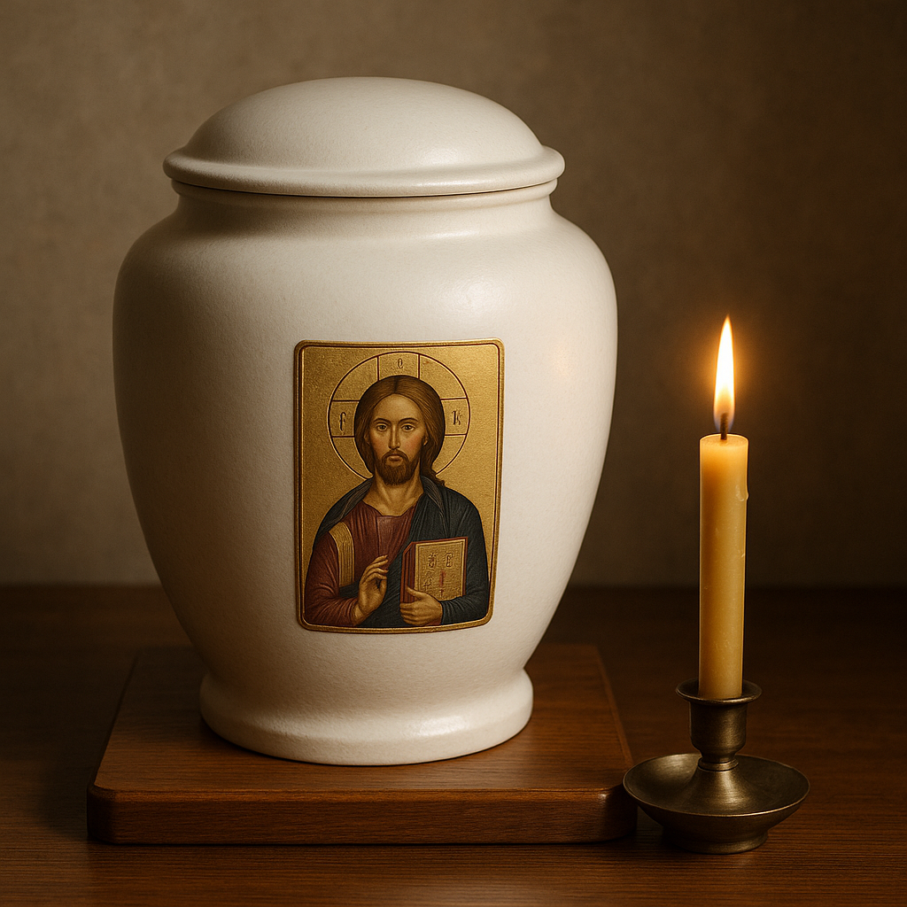 White ceramic funeral urn with an Orthodox icon and lit candle