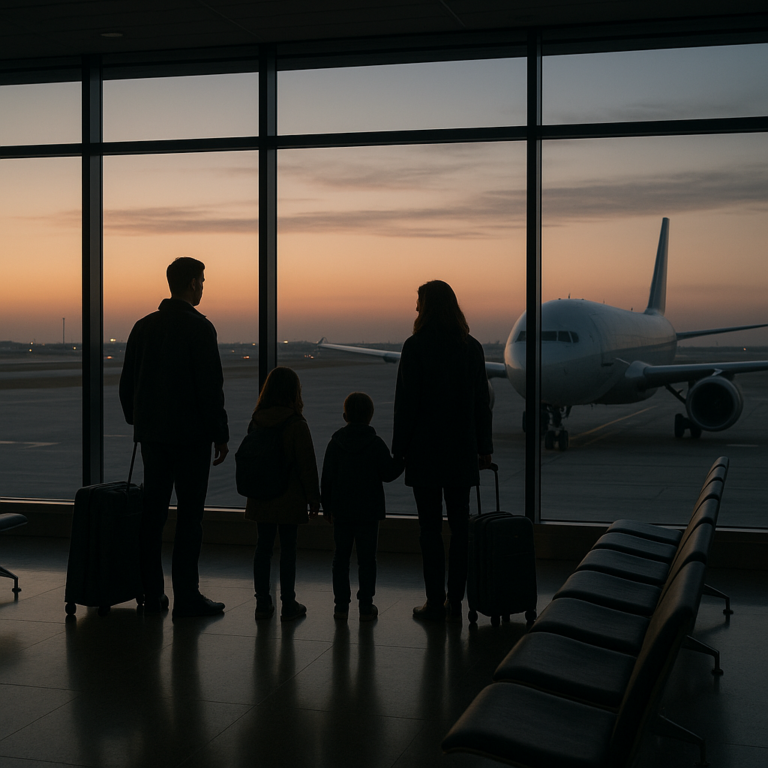 International boarding area at an airport at dawn with a family waiting