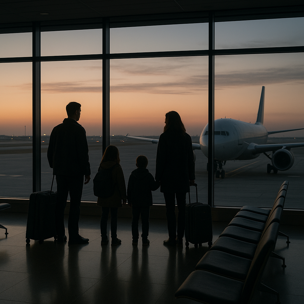 International boarding area at an airport at dawn with a family waiting