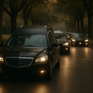 Dignified funeral procession of cars with headlights on following a hearse