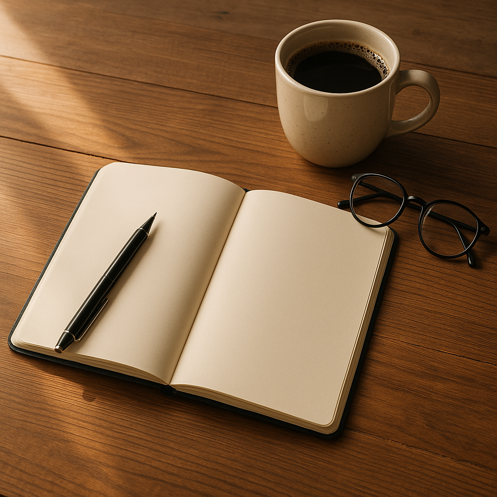 Desk with notebook, pen and glasses for planning ahead