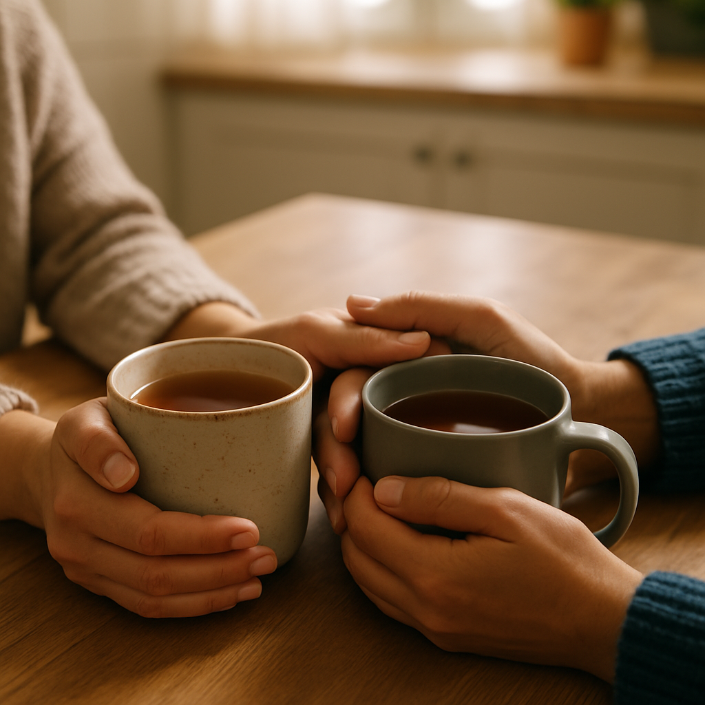 Two friends holding warm mugs of tea in quiet comfort