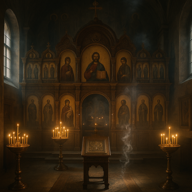 Orthodox church interior with iconostasis and candles