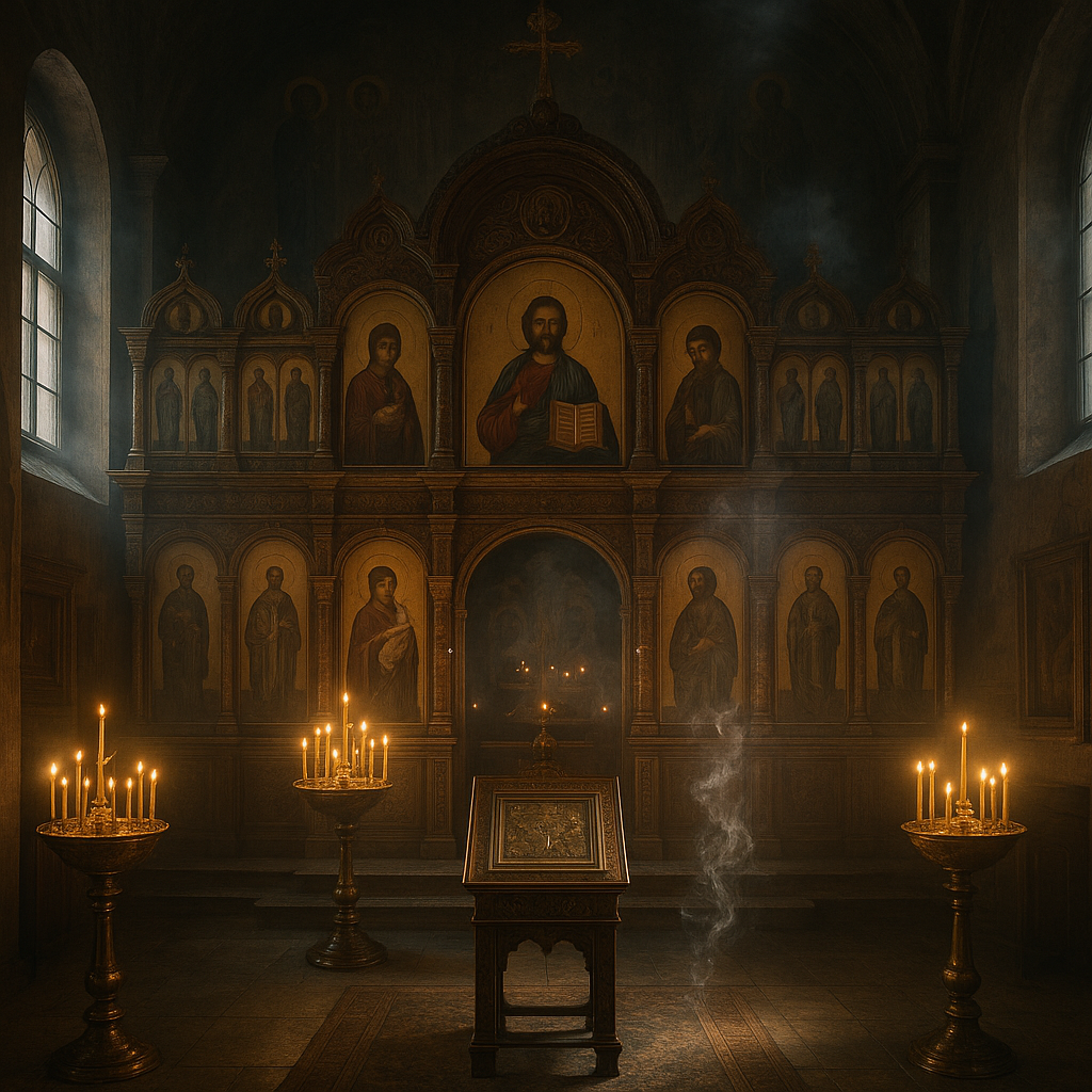 Orthodox church interior with iconostasis and candles