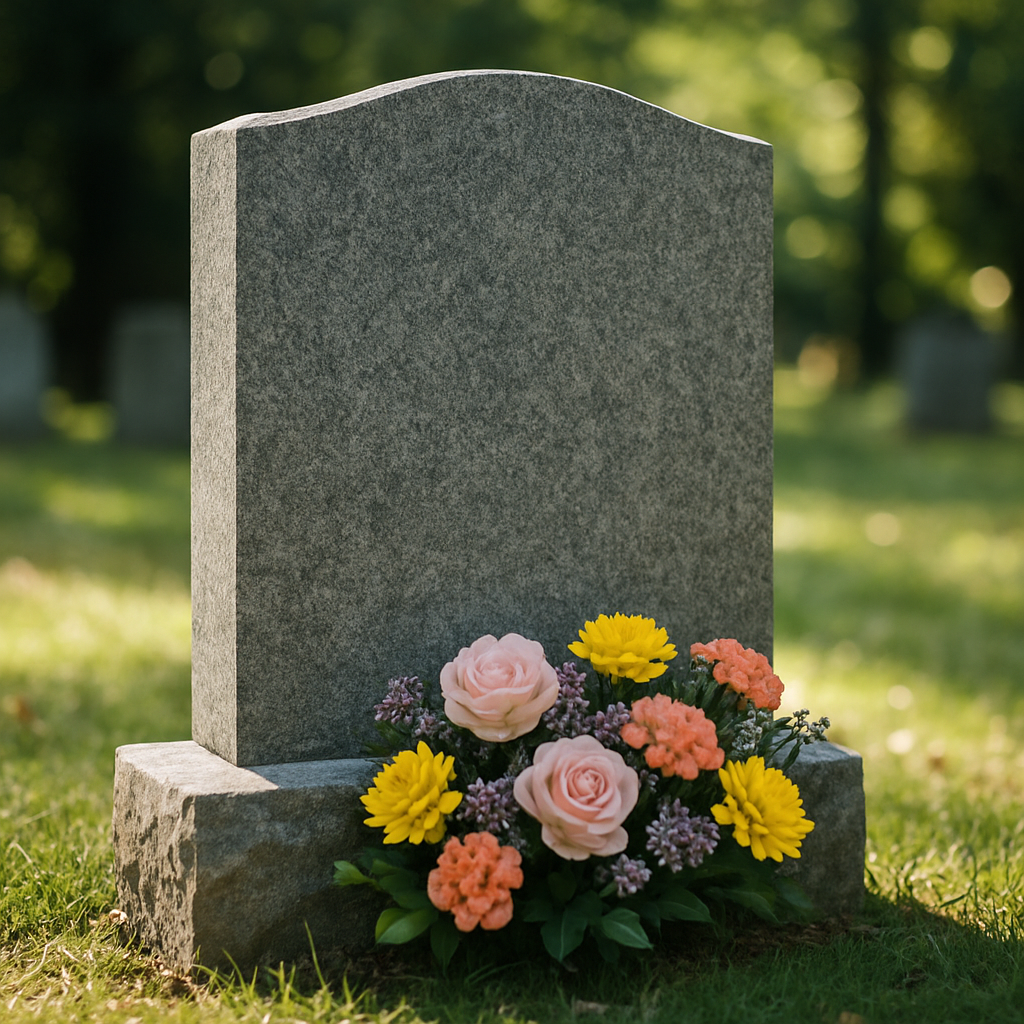 Beautiful granite headstone with fresh flowers at its base