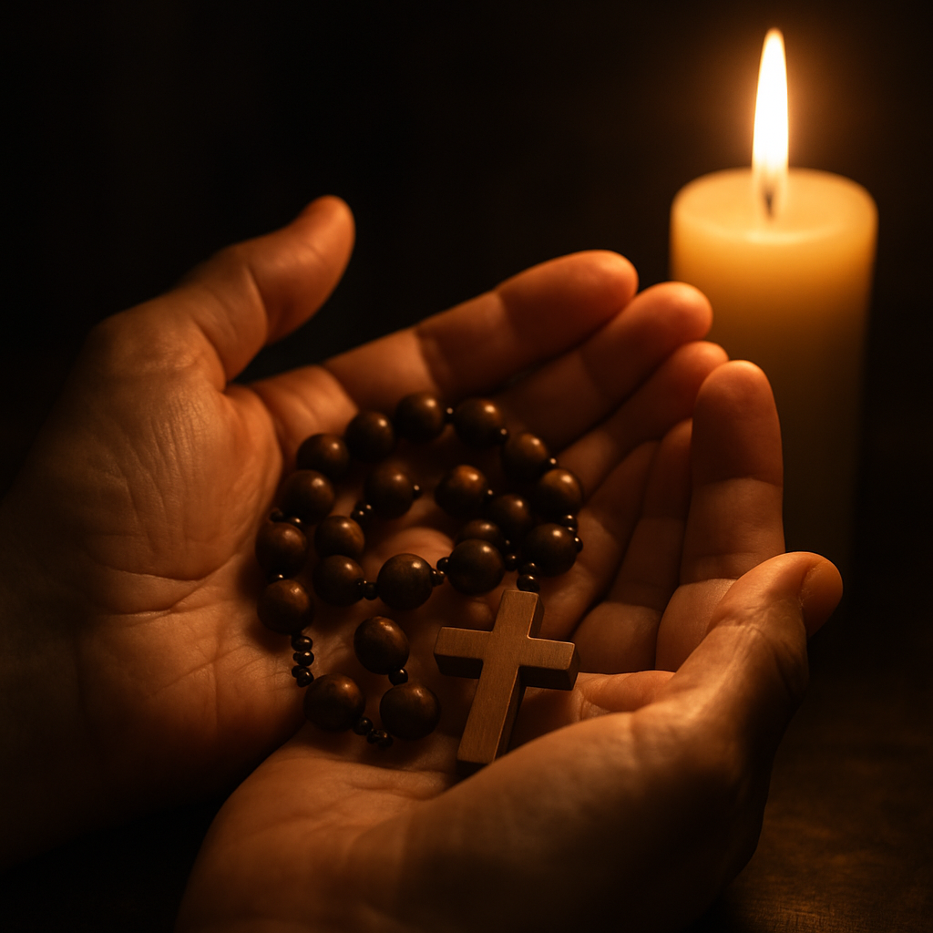 Rosary held in cupped hands with candlelight