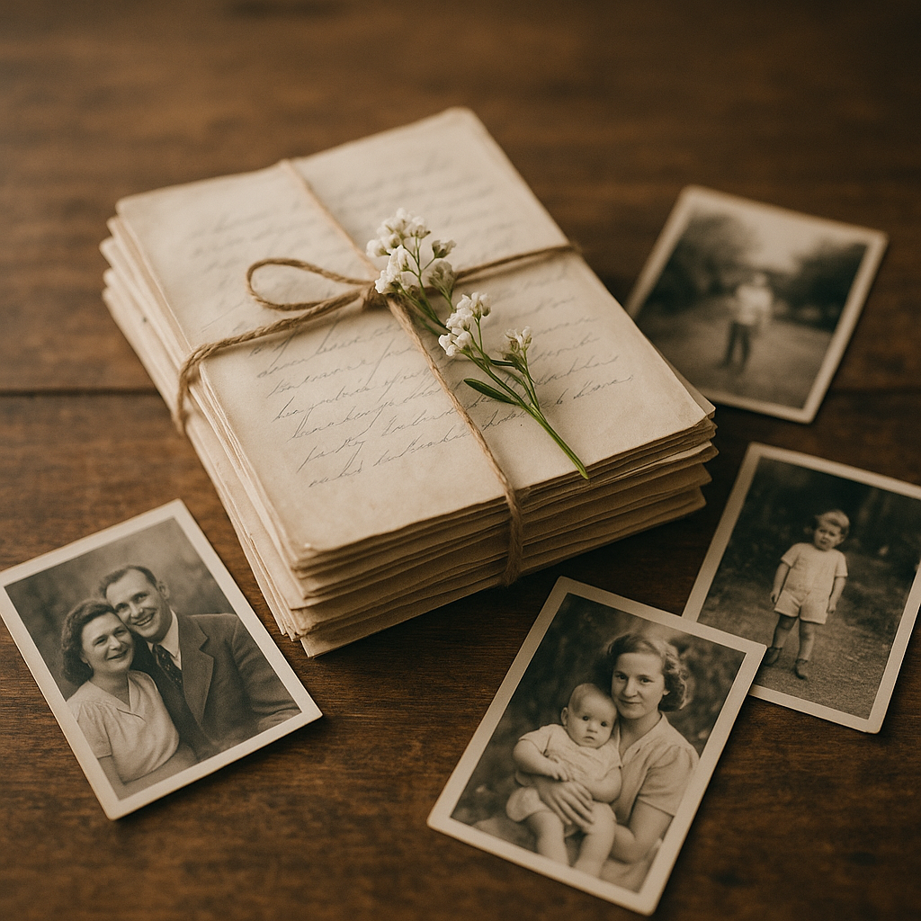 Stack of handwritten letters, vintage photographs, and flowers on a table