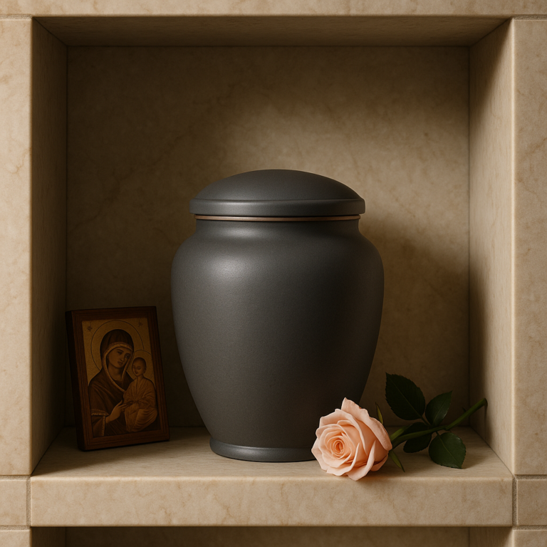 Elegant columbarium niche with an urn, small icon, and single rose