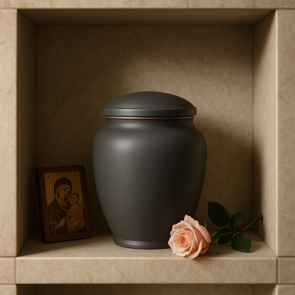 Elegant columbarium niche with an urn, small icon, and single rose