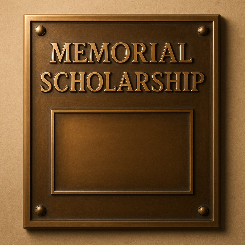 Polished bronze memorial scholarship plaque mounted on a wall