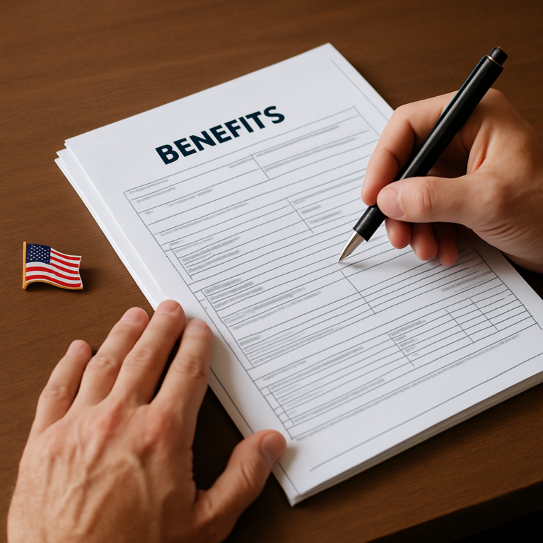 Hands reviewing VA benefit paperwork with an American flag pin